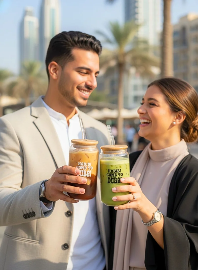 1Chase “Habibi Come to Dubai” Borosilicate Sipper Glasses – Set of 2, 550ML Can-Shaped Glasses with Bamboo Lids & Glass Straws