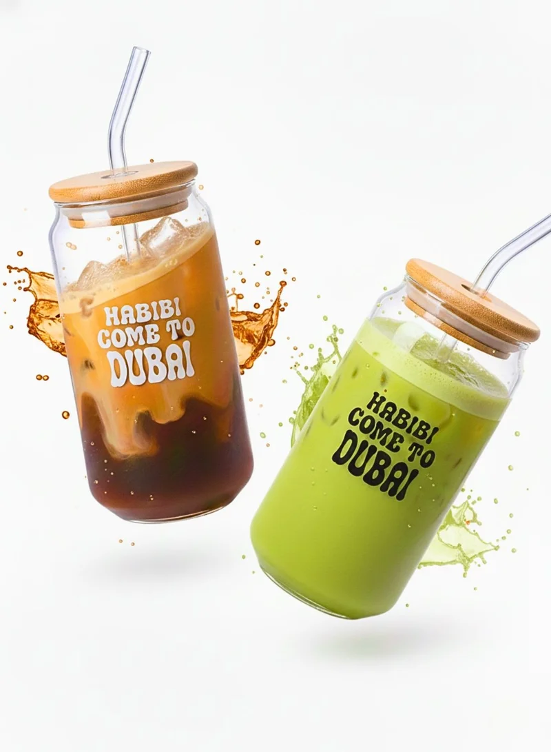 1Chase “Habibi Come to Dubai” Borosilicate Sipper Glasses – Set of 2, 550ML Can-Shaped Glasses with Bamboo Lids & Glass Straws