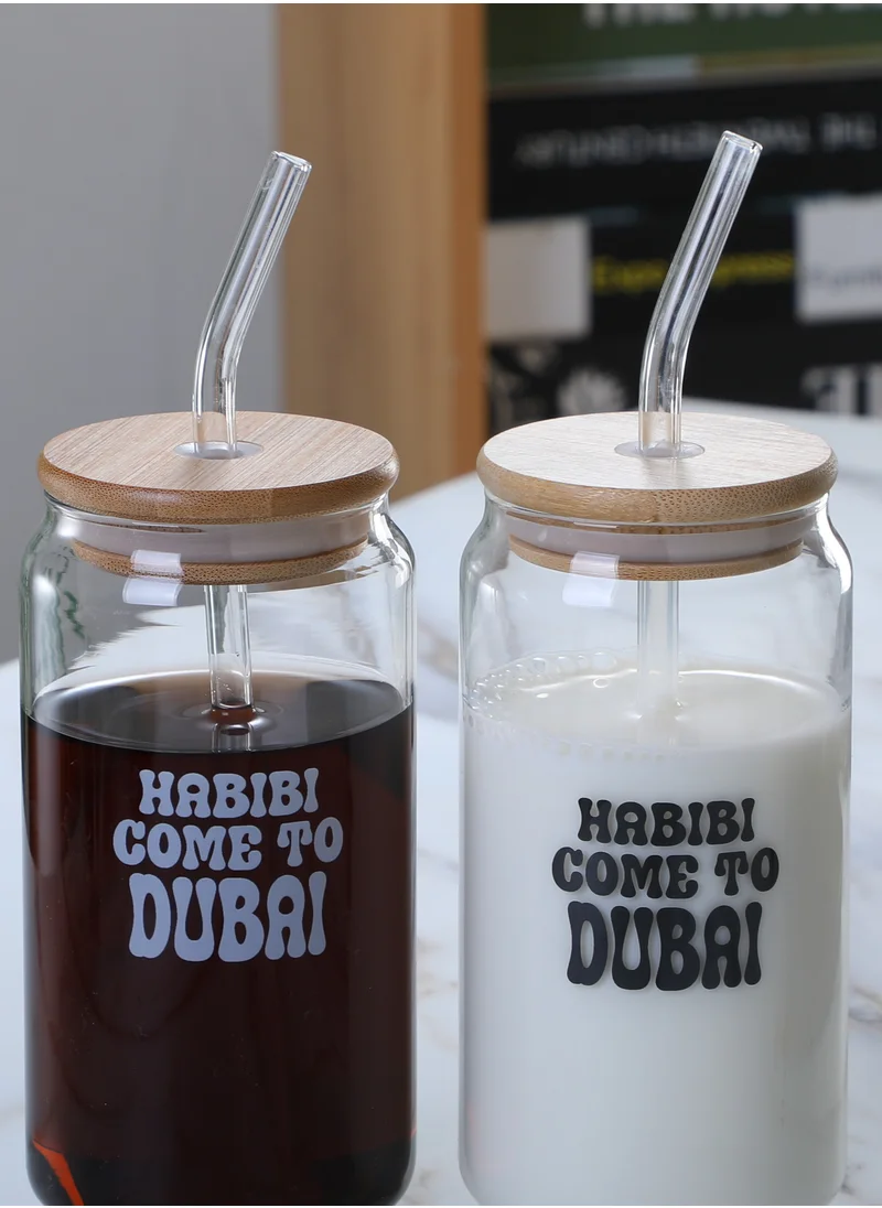 1Chase Borosilicate "Habibi Come to Dubai" Printed Drinking Glasses With Bamboo Lid and Glass Straw, 550ML (Set of 2)