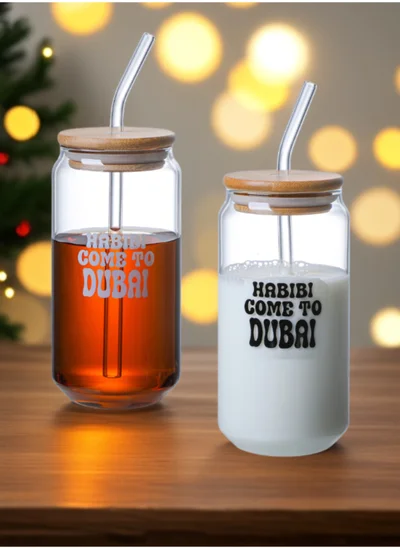1Chase Borosilicate "Habibi Come to Dubai" Printed Drinking Glasses With Bamboo Lid and Glass Straw, 550ML (Set of 2)