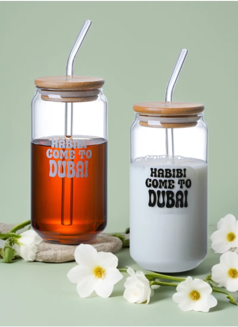 1Chase Borosilicate "Habibi Come to Dubai" Printed Drinking Glasses With Bamboo Lid and Glass Straw, 550ML (Set of 2)