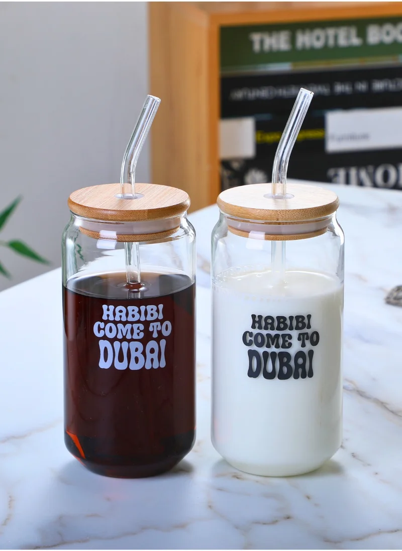 1Chase Borosilicate "Habibi Come to Dubai" Printed Drinking Glasses With Bamboo Lid and Glass Straw, 550ML (Set of 2)