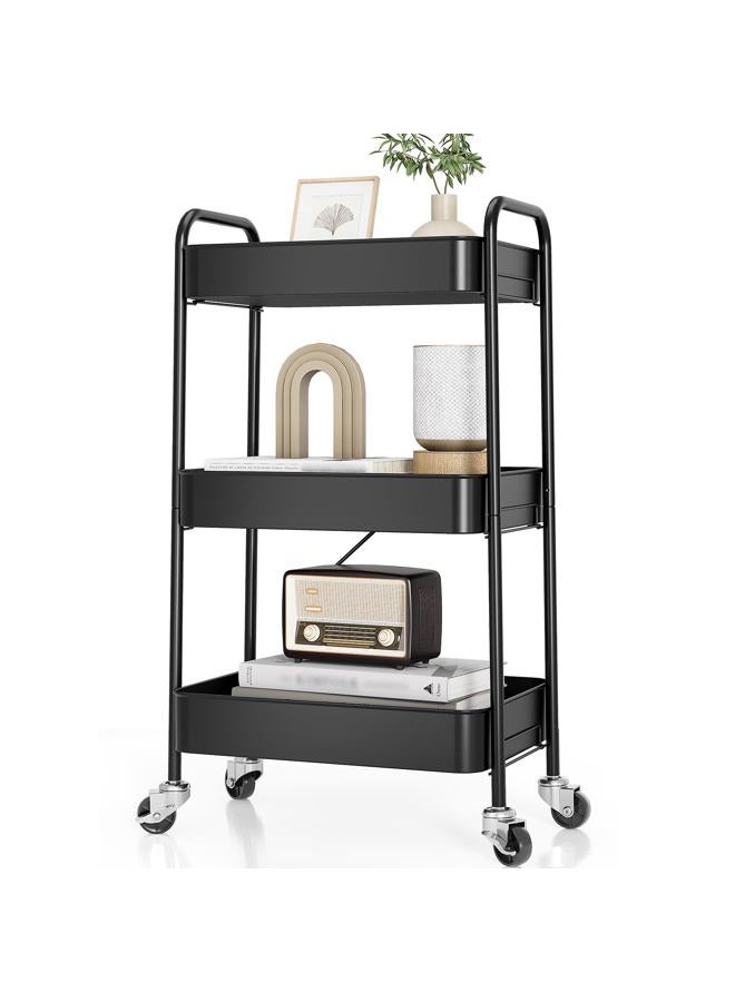 TOOLF 3-Tier Metal Rolling Cart with Wheels, Storage Utility Organizer Cart for Kitchen, Bathroom, Office, Baby Essentials & Makeup - Lockable Casters, Easy Assembly, Large Capacity, Black - Image 1