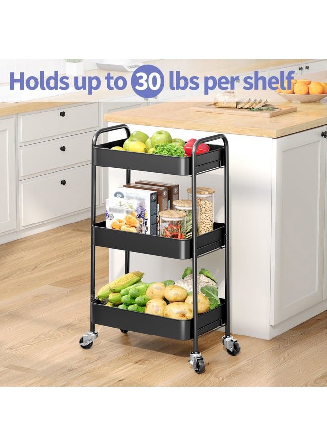 TOOLF 3-Tier Metal Rolling Cart with Wheels, Storage Utility Organizer Cart for Kitchen, Bathroom, Office, Baby Essentials & Makeup - Lockable Casters, Easy Assembly, Large Capacity, Black - Image 2