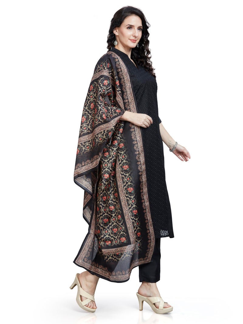 nioni Women's Chanderi Chikan Work Kurti with Pant and Printed Kota Silk Dupatta Open Mandarin Collar Kurta, Salwar Suit Set with straight pant and Printed Dupatta for Ladies/Girls (Black, M) - Image 5