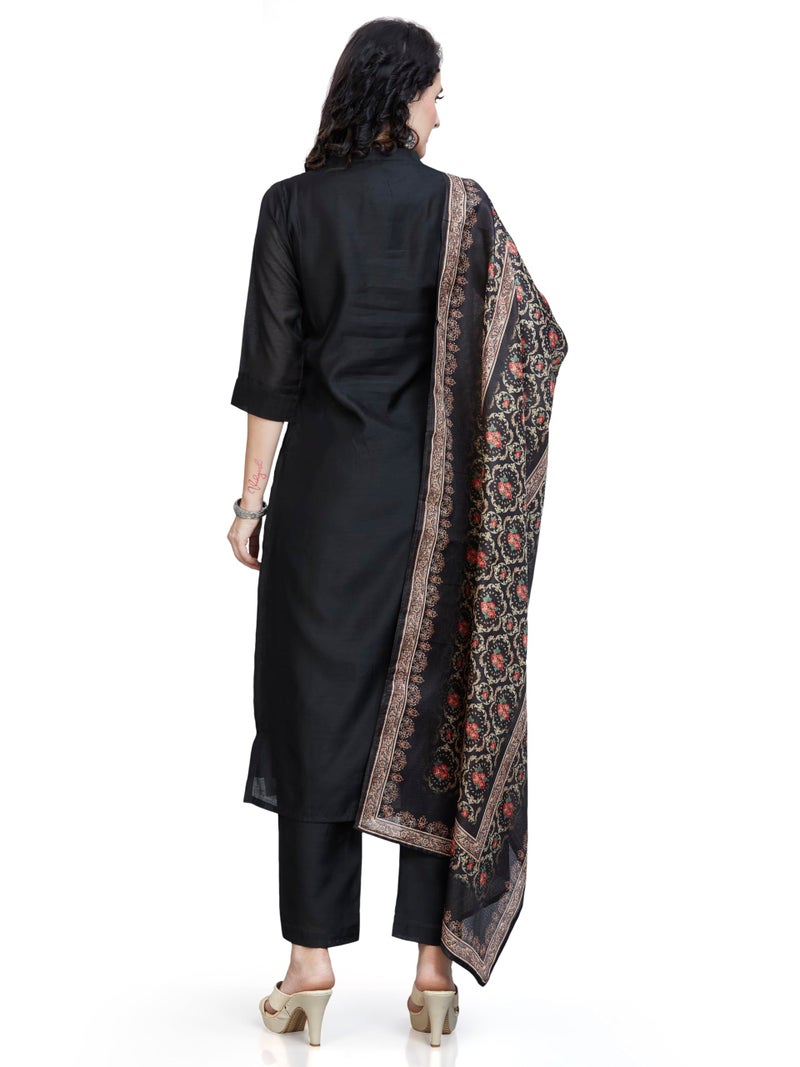 nioni Women's Chanderi Chikan Work Kurti with Pant and Printed Kota Silk Dupatta Open Mandarin Collar Kurta, Salwar Suit Set with straight pant and Printed Dupatta for Ladies/Girls (Black, M) - Image 4