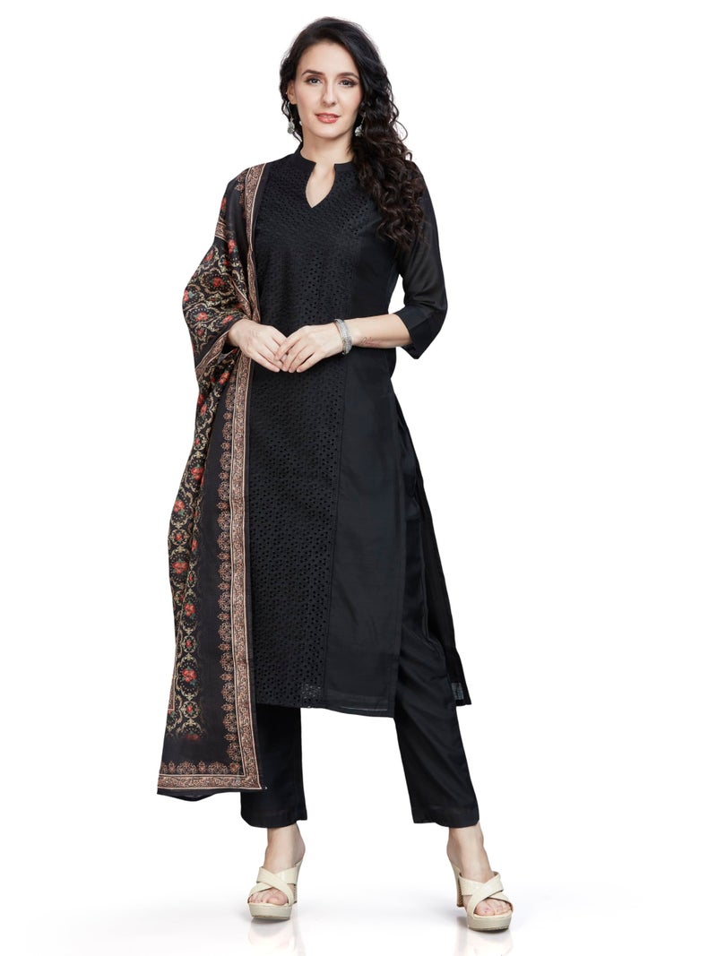 nioni Women's Chanderi Chikan Work Kurti with Pant and Printed Kota Silk Dupatta Open Mandarin Collar Kurta, Salwar Suit Set with straight pant and Printed Dupatta for Ladies/Girls (Black, M) - Image 1