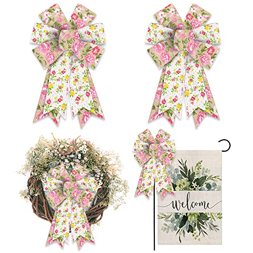 Hying 2PCS Vintage Burlap Spring Rose Bows for Wreath Pink Rose Bows for Front Door Wall Tree Topper Decoration Supplies - Image 1