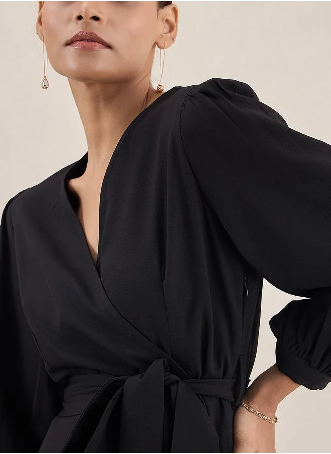 FEMELLA Solid Wrap Front Belted Maxi Dress by Styli