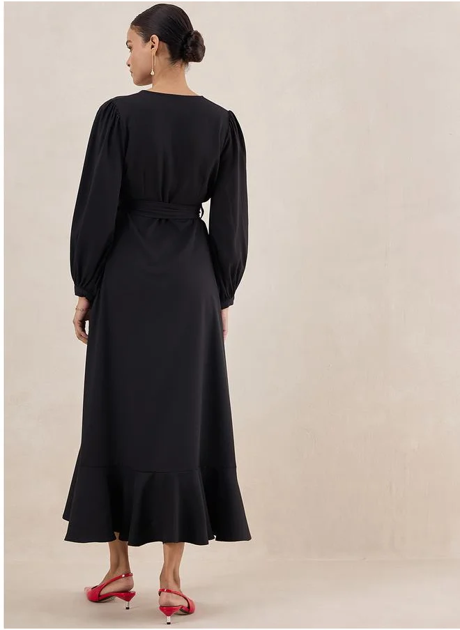 FEMELLA Solid Wrap Front Belted Maxi Dress by Styli
