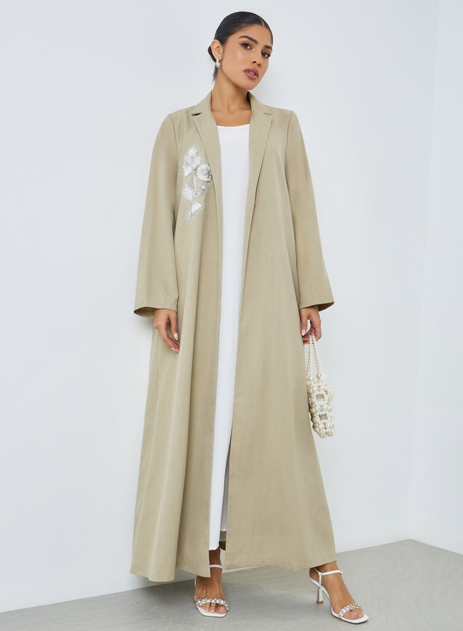 Amirah Beige Front Open Collared Abaya with Beaded Patch - Image 1