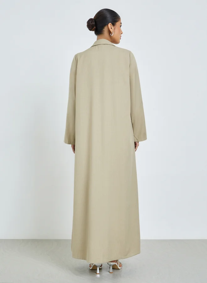 Amirah Beige Beige Front Open Collared Abaya with Beaded Patch for Women | Best Price UAE