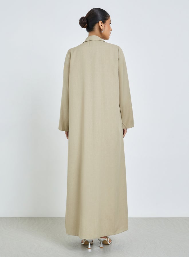 Amirah Beige Front Open Collared Abaya with Beaded Patch - Image 3