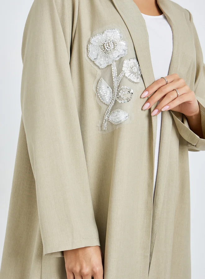 Amirah Beige Beige Front Open Collared Abaya with Beaded Patch for Women | Best Price UAE