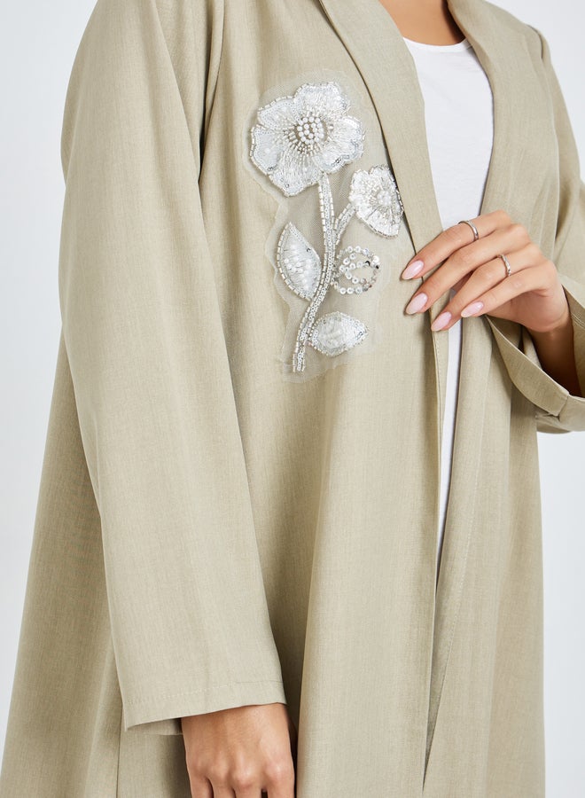 Amirah Beige Front Open Collared Abaya with Beaded Patch - Image 4