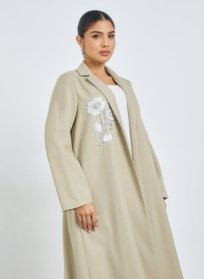 Amirah Beige Front Open Collared Abaya with Beaded Patch - Image 2