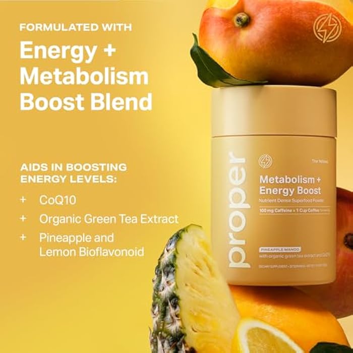 Proper, The Yellows Metabolism and Energy Boost, Sugar Free Energy Drink Powder with 100mg Caffeine. 30 Servings, Pineapple Mango Drink Mix for Men and Women - Image 5