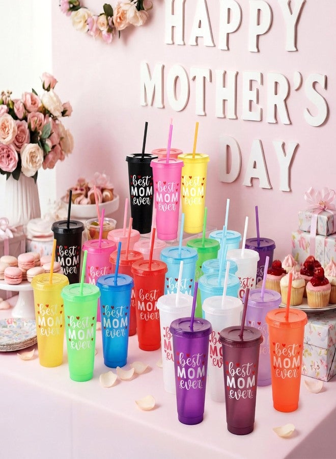 Rtteri 48 Pcs Mother's Day Cups Gift Bulk Best Mom Ever 24 oz Plastic Reusable Coffee Mugs with Straws and Lids for Mom Women Party Supplies Favors - Image 5