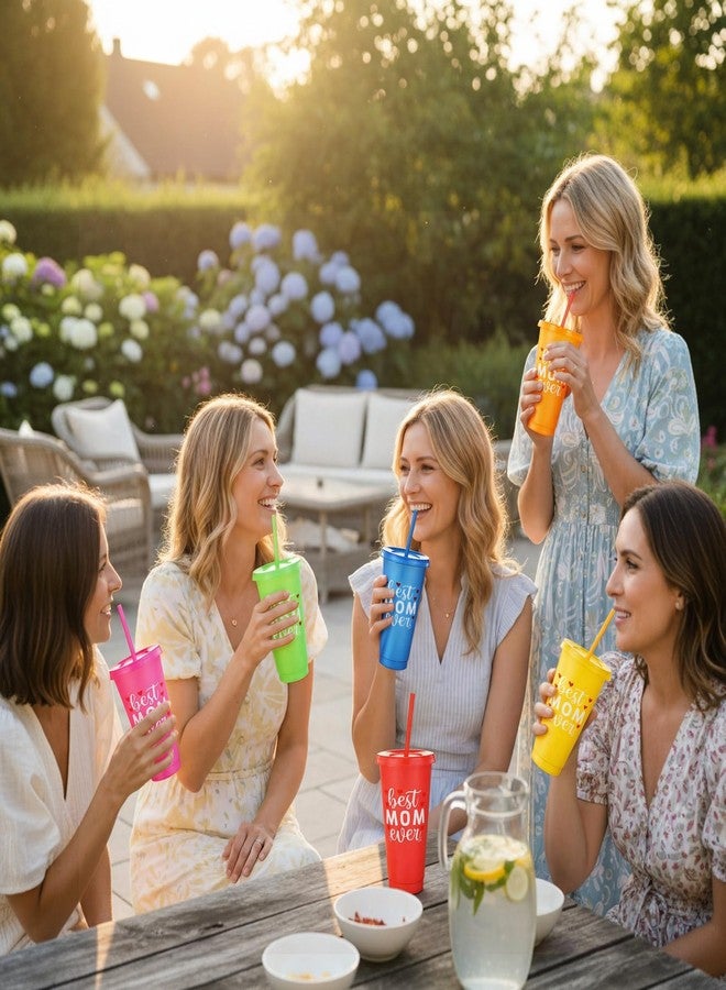 Rtteri 48 Pcs Mother's Day Cups Gift Bulk Best Mom Ever 24 oz Plastic Reusable Coffee Mugs with Straws and Lids for Mom Women Party Supplies Favors - Image 3