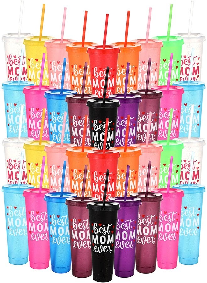 Rtteri 48 Pcs Mother's Day Cups Gift Bulk Best Mom Ever 24 oz Plastic Reusable Coffee Mugs with Straws and Lids for Mom Women Party Supplies Favors - Image 1