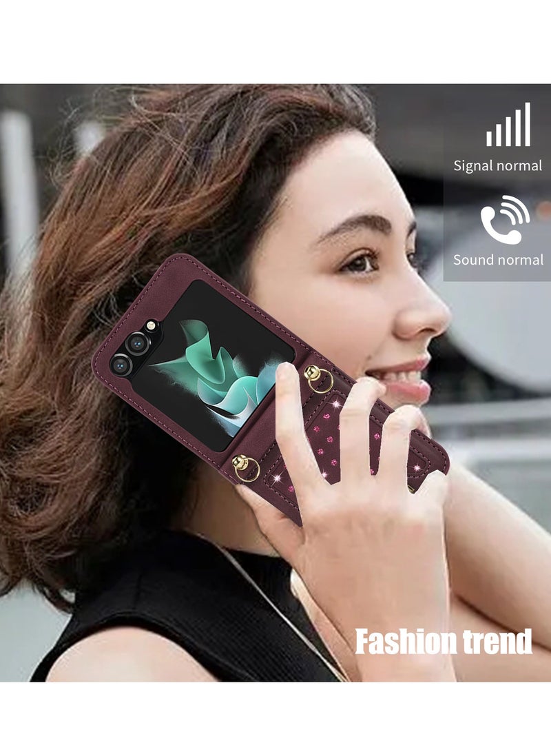 Samsung Galaxy Z Flip 5 5G Phone Case Cover with Leather Wallet,Wristlet Strap Wallet Hinge Part Protective for Samsung Galaxy Z Flip 5 5G Back Cover Fashion Handbag Gift for Women Ladies  - Image 5