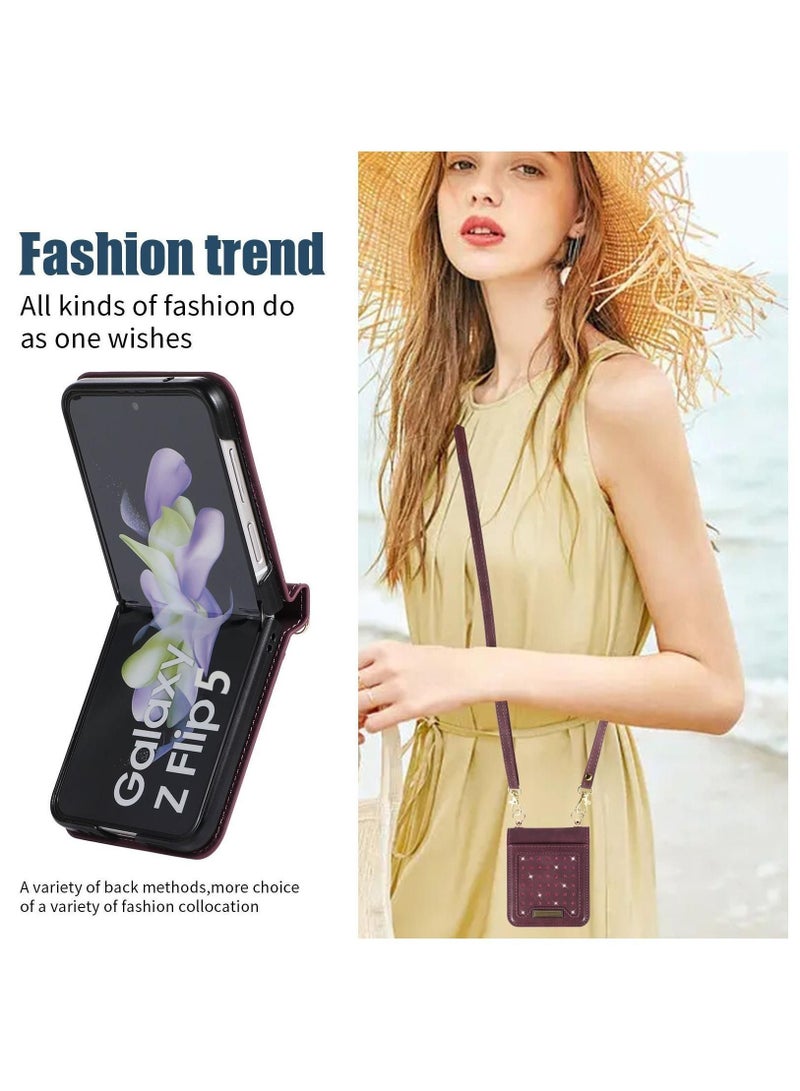 Samsung Galaxy Z Flip 5 5G Phone Case Cover with Leather Wallet,Wristlet Strap Wallet Hinge Part Protective for Samsung Galaxy Z Flip 5 5G Back Cover Fashion Handbag Gift for Women Ladies  - Image 3