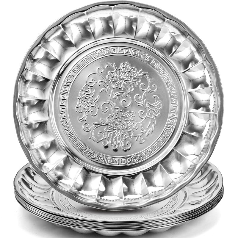 DEAYOU 8 Pack Stainless Steel Round Plates 12 Large Dinner Plate for Eating Kids Stainless Steel Charger Plate Vintage Feeding Serving Camping Plate Dish for Fruit BBQ Flower Pattern