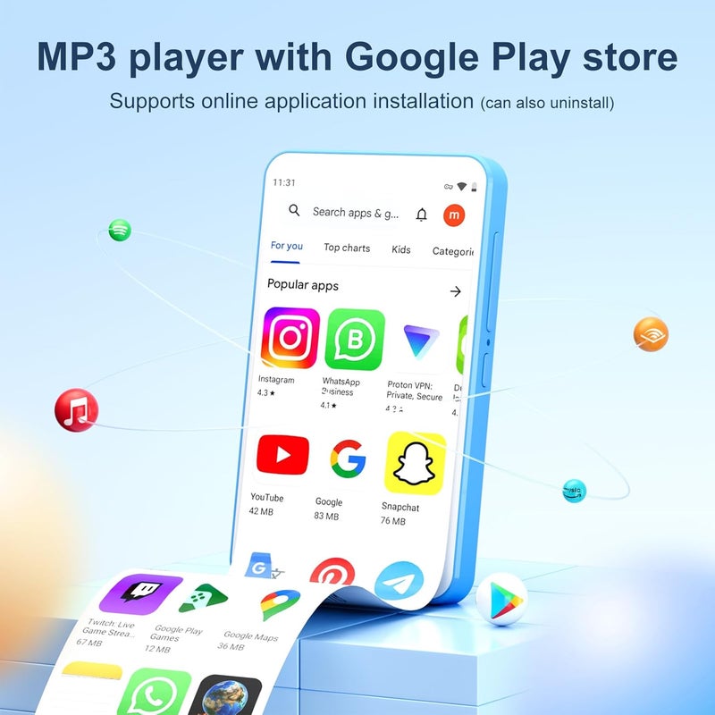 مشغل MP3 بسعة 80 جيجابايت مع بلوتوث وواي فاي، شاشة لمس IPS بحجم 4.0 بوصة، مشغل موسيقى أندرويد مع مكبر صوت مدمج، يدعم سبوتيفاي وأمازون ميوزيك وديزر وأوديبل وراديو FM، قابل للتوسيع حتى 512 جيجابايت (أزرق) - Image 2