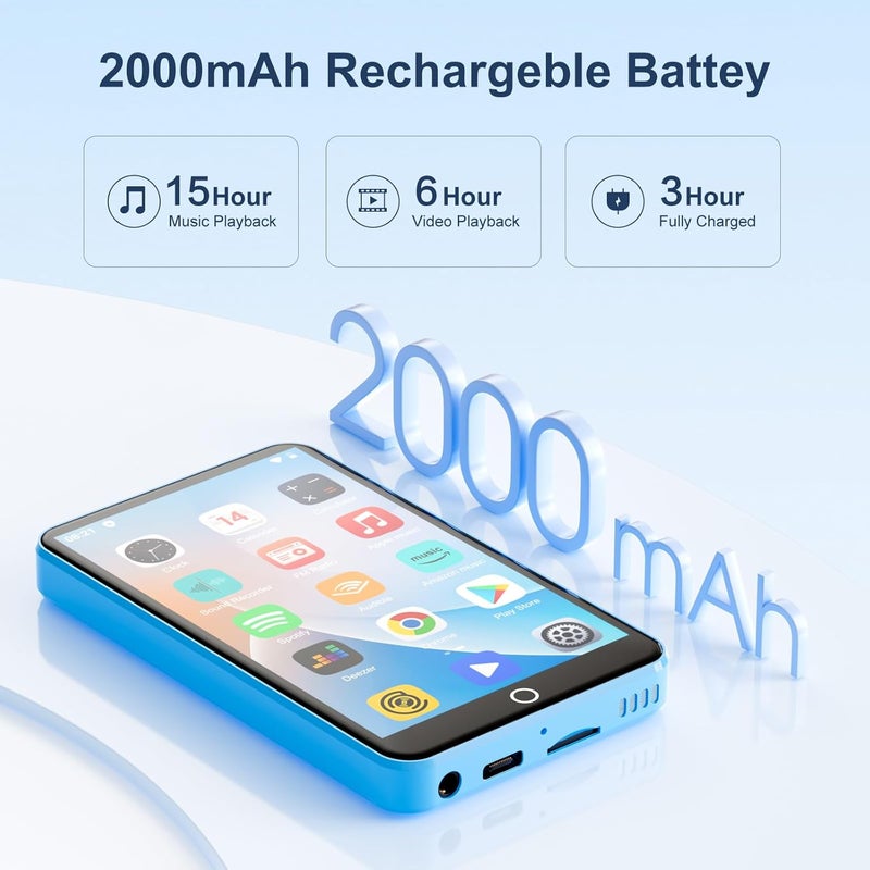 مشغل MP3 بسعة 80 جيجابايت مع بلوتوث وواي فاي، شاشة لمس IPS بحجم 4.0 بوصة، مشغل موسيقى أندرويد مع مكبر صوت مدمج، يدعم سبوتيفاي وأمازون ميوزيك وديزر وأوديبل وراديو FM، قابل للتوسيع حتى 512 جيجابايت (أزرق) - Image 5