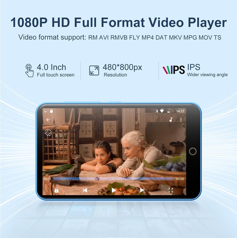 مشغل MP3 بسعة 80 جيجابايت مع بلوتوث وواي فاي، شاشة لمس IPS بحجم 4.0 بوصة، مشغل موسيقى أندرويد مع مكبر صوت مدمج، يدعم سبوتيفاي وأمازون ميوزيك وديزر وأوديبل وراديو FM، قابل للتوسيع حتى 512 جيجابايت (أزرق) - Image 4