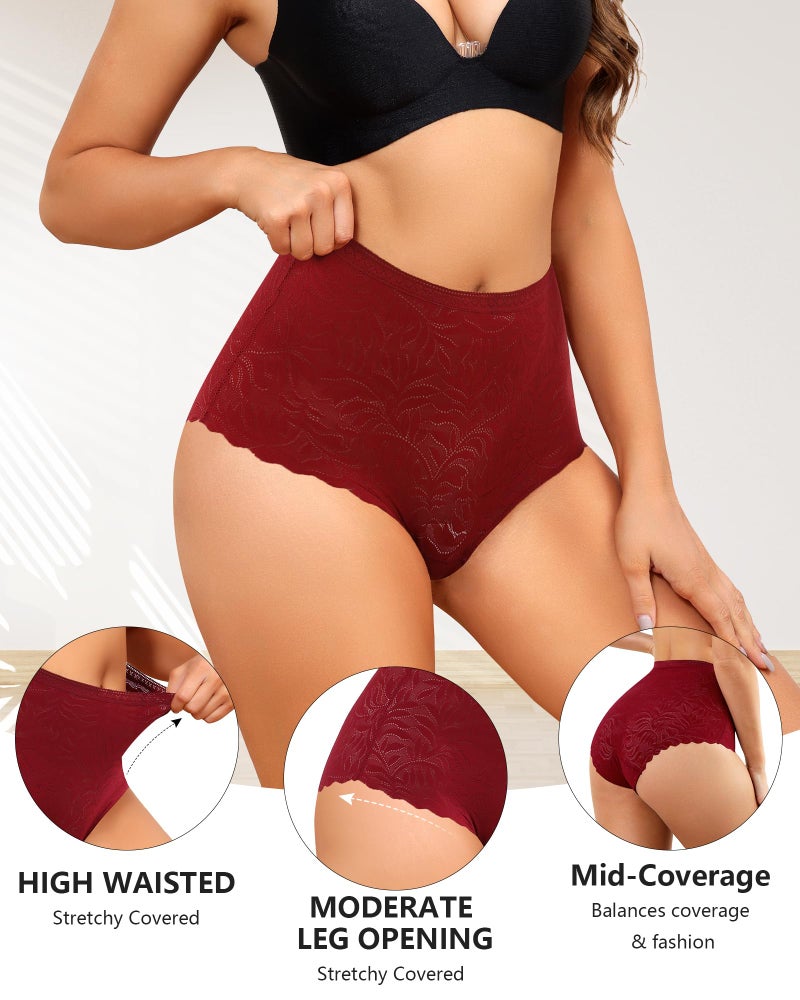 LEVAO Women's High Waist Lace Underwear, Soft Floral Lace Briefs with Mid-Coverage Panties for Women 4-Pack - Image 3