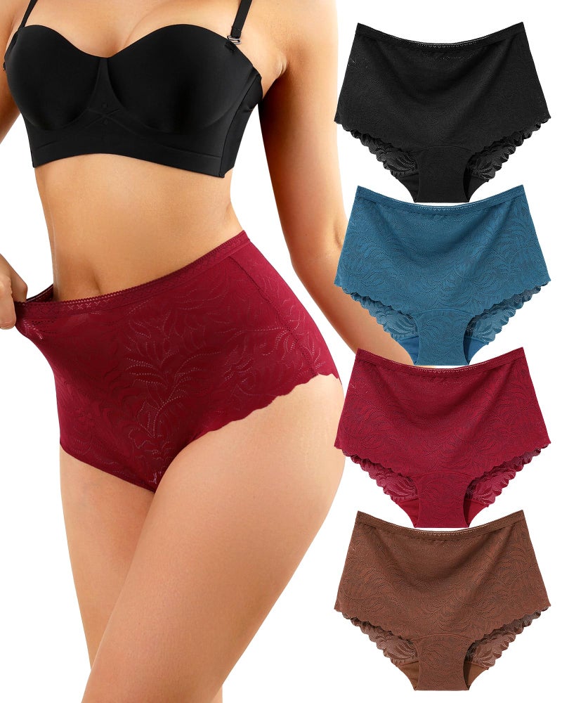 LEVAO Women's High Waist Lace Underwear, Soft Floral Lace Briefs with Mid-Coverage Panties for Women 4-Pack - Image 1