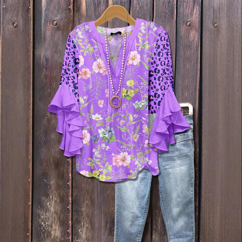 3D New Creative Floral Element Print Digital Print Casual Trendy V-Neck Ruffled Edge T-Shirt for Women - Image 1