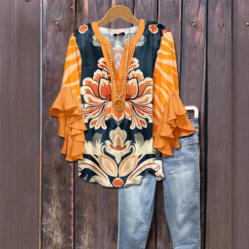 3D New Creative Floral Element Print Digital Print Casual Trendy V-Neck Ruffled Edge T-Shirt for Women - Image 3