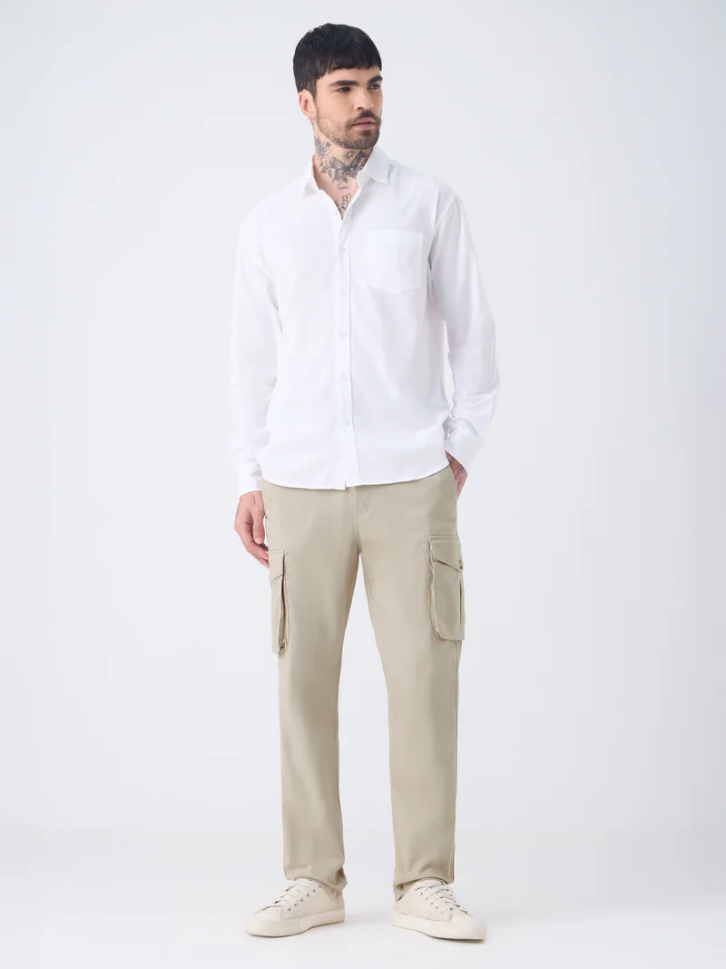 The Souled Store  Solids: Beige Men and Boys Zippered Waist Beige Solid Cotton Twill Straight Fit Stretchable Utility Cargo Pants  | Best Price UAE