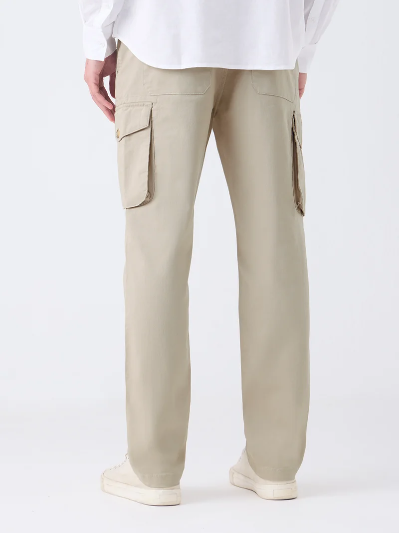 The Souled Store  Solids: Beige Men and Boys Zippered Waist Beige Solid Cotton Twill Straight Fit Stretchable Utility Cargo Pants  | Best Price UAE