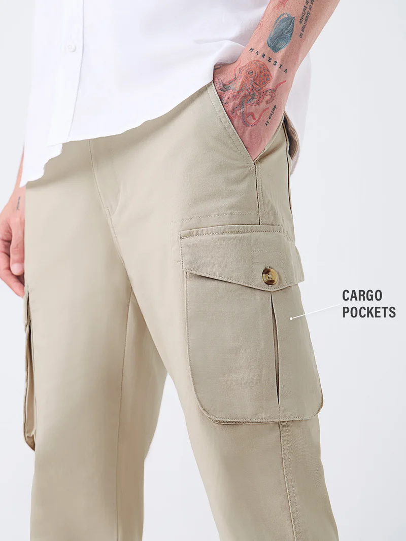 The Souled Store  Solids: Beige Men and Boys Zippered Waist Beige Solid Cotton Twill Straight Fit Stretchable Utility Cargo Pants  | Best Price UAE