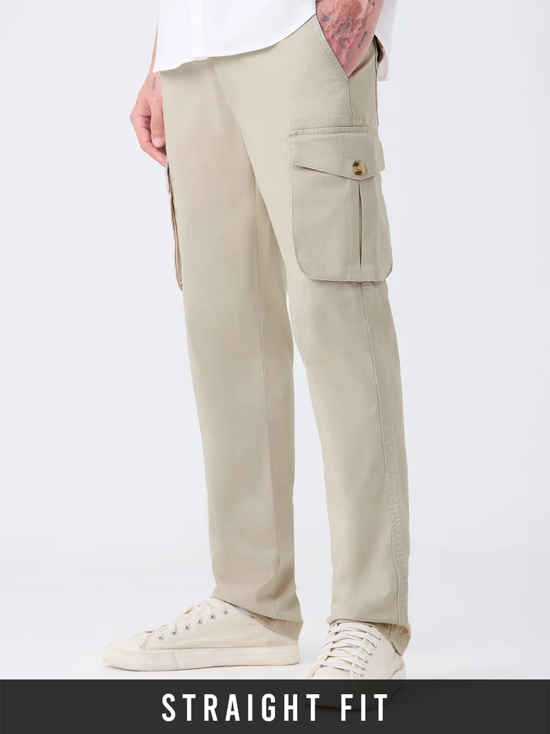 Solids: Beige Men and Boys Zippered Waist Beige Solid Cotton Twill Straight Fit Stretchable Utility Cargo Pants