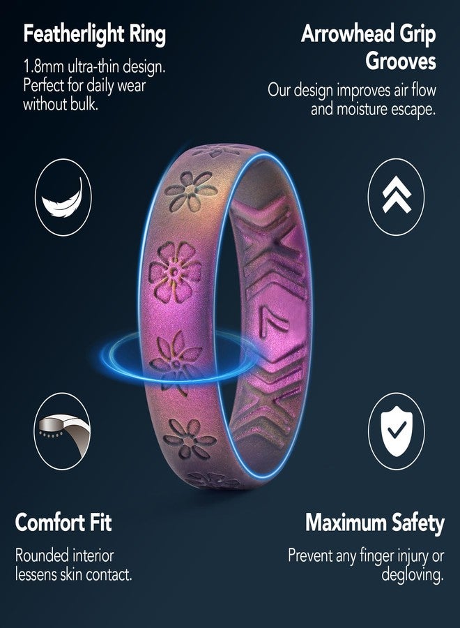 King Will Mens Womens Silicone Wedding Rings Unisex Rubber Wedding Bands 6.6mm Wide 1.8mm Thick Flower Pattern Design Breathable Comfort Fit Gym Sports Starry Sky Purple Size 8 - Image 3