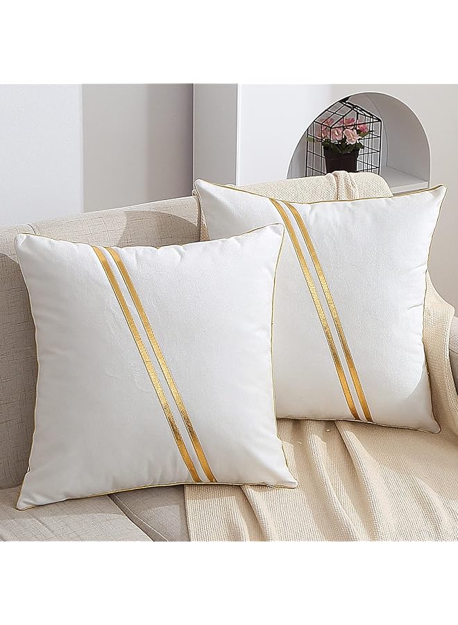 The Bros مجموعة من 2 غطاء وسادة ذهبية - أغطية وسائد زخرفية من المخمل الناعم الفاخر مع جلد ذهبي للكنبة وغرفة النوم وغرفة المعيشة والسيارة 18x18 بوصة بيضاء - Image 1