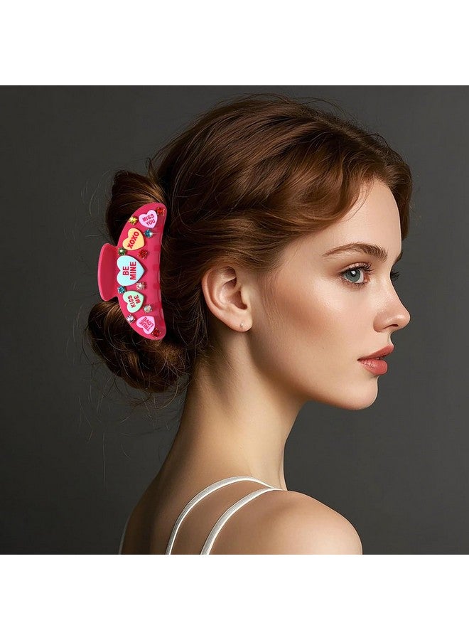 BVGA Valentines Hair Claw Clip for Women Large Oval Hot Pink Embellished Crystal Candy Heart Acrylic Claw Hair Clips Valentines Hair Accessories Gfits for Her - Image 2