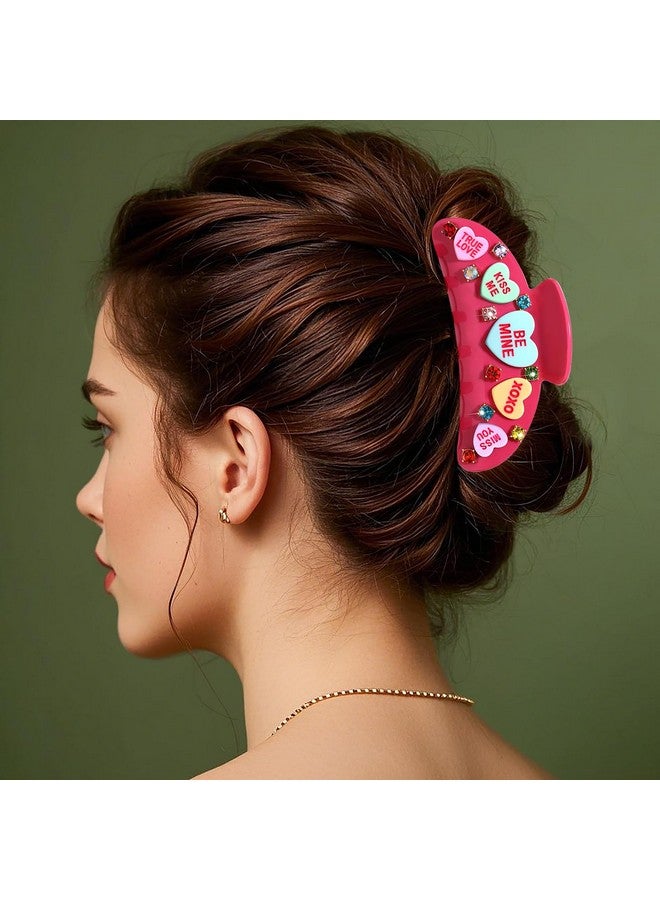 BVGA Valentines Hair Claw Clip for Women Large Oval Hot Pink Embellished Crystal Candy Heart Acrylic Claw Hair Clips Valentines Hair Accessories Gfits for Her - Image 3
