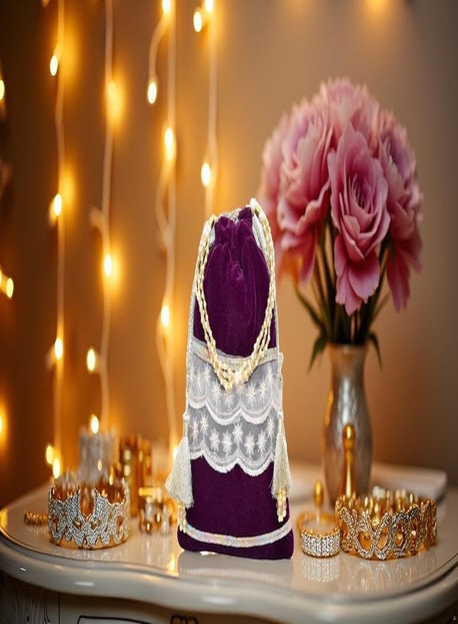 Dulhan Velvet Potli Bag with Pearl Handle | Sequin Tissue Lace Zari Tassels and Resham Dori | Maroon Soft Padded Wedding Shagun Pouch for Return Gifts, Wedding, Winter and Festive Use (pack of 12) - Image 2