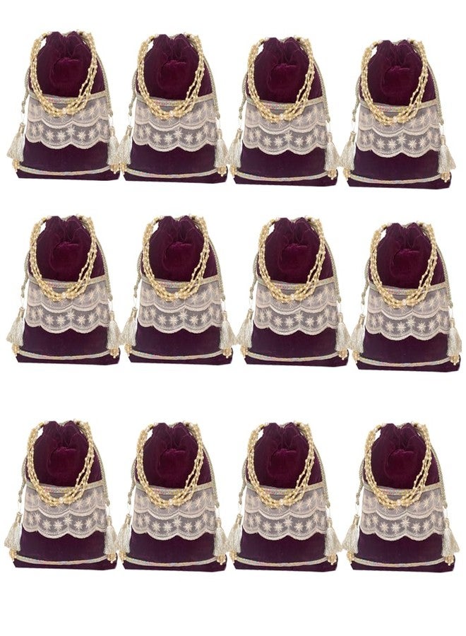Dulhan Velvet Potli Bag with Pearl Handle | Sequin Tissue Lace Zari Tassels and Resham Dori | Maroon Soft Padded Wedding Shagun Pouch for Return Gifts, Wedding, Winter and Festive Use (pack of 12) - Image 1