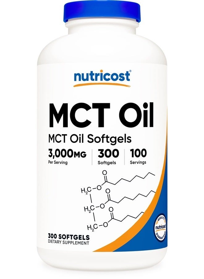 Nutricost زيت MCT في كبسولات لينة 1000 ملغ، 300 كبسولة (3,000 ملغ حصة) - رائع للكيتو، الكيتوزية، والحمية الكيتونية - Image 1
