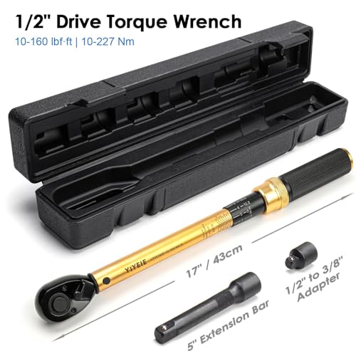 YIYEIE 1/2-Inch Drive Torque Wrench, 10-160 FT.LB (10-227 Nm), 72-Tooth Professional Click Torque Wrench Set with 3/8 Adapter & Extension Bar, Lug Nut Torque Wrench for Car Tire & Wheel - Image 2
