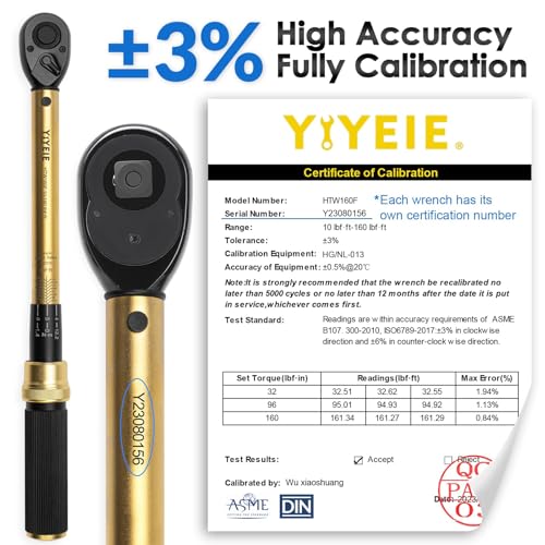 YIYEIE 1/2-Inch Drive Torque Wrench, 10-160 FT.LB (10-227 Nm), 72-Tooth Professional Click Torque Wrench Set with 3/8 Adapter & Extension Bar, Lug Nut Torque Wrench for Car Tire & Wheel - Image 5