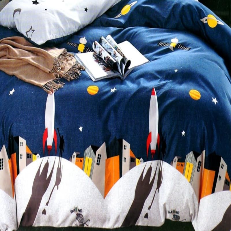 Delight Zone Skin Friendly Ultrasoft Prime Collection Kids Printed Flat 1 Double Bedsheet with 2 Pillow Covers Size 90 x 100 Inch Space Ship Kidzee2  - Image 2