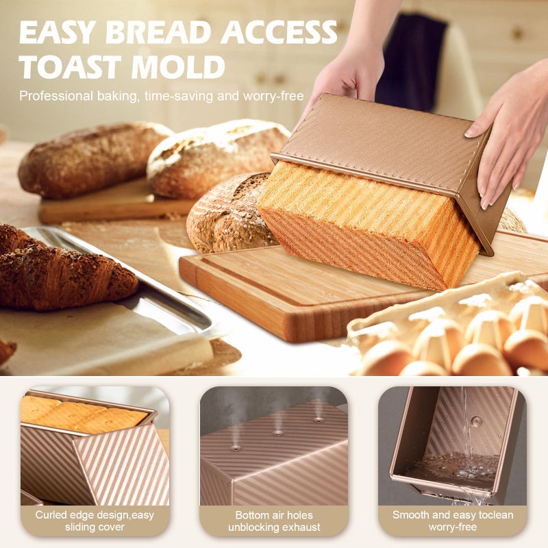 Dipanist 2Pack Large Bread Pan With Lids - 2.2Lb Dough Capacity  Non-Stick Carbon Steel Bread Pans For Homemade Sandwich And Sourdough Bread  Corrugated Toast Mold(Gold) - Image 5