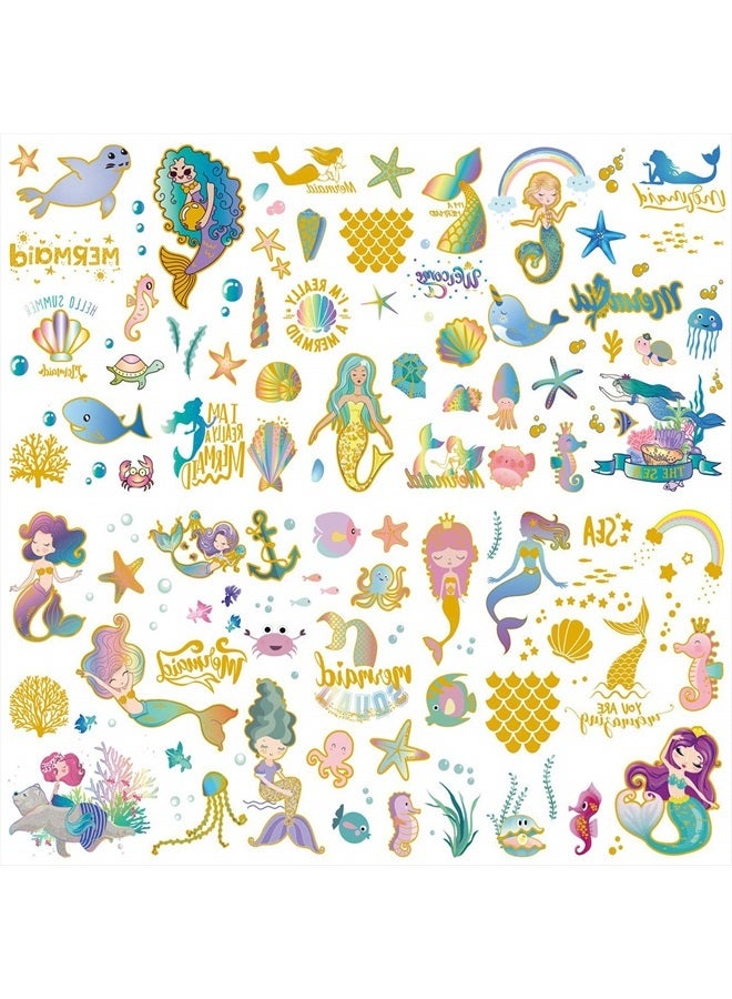 Oottati 6 Sheets Metallic Gold Super Cute Waterproof Temporary Tattoo Metallic Gold Silver Mermaid Scale Sea Horse Octopus Seal Shell Suit For Kids School Rewards Birthday Gift - Image 1